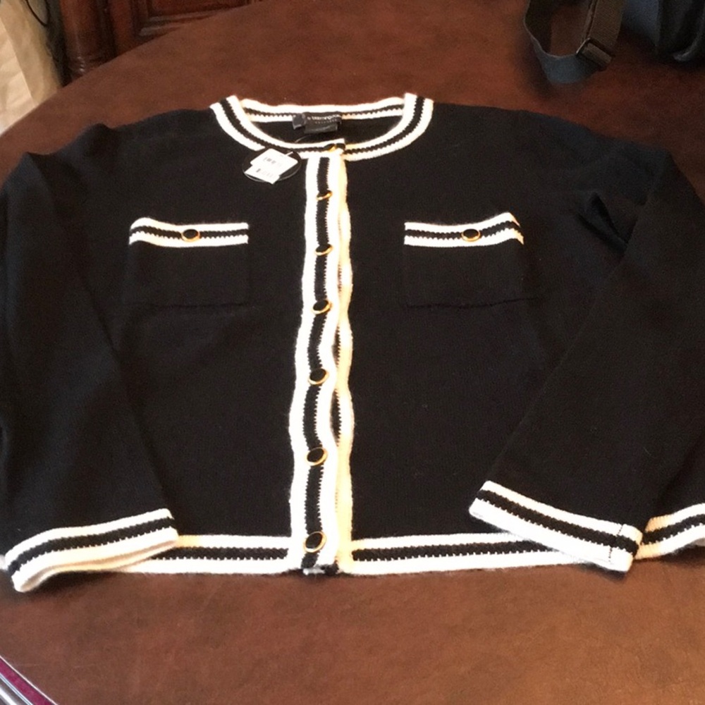 Black and White Cardigan with Gold Accents
